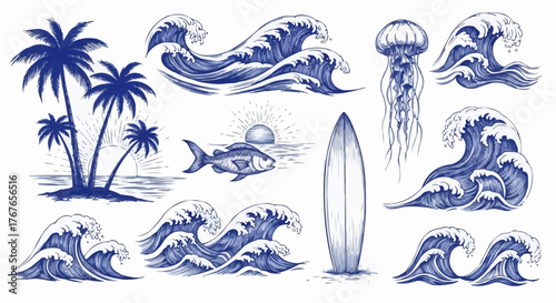 Illustration of ocean scene with waves, palm trees, jellyfish, fish, surfboard and sunset drawing