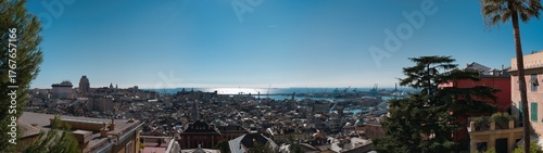 large panorama of Genoa in Italy with blue sky