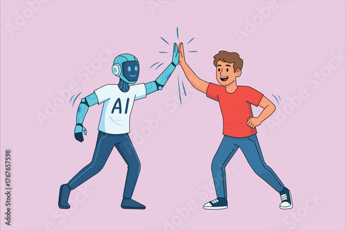 Human and AI Collaboration High Five Illustration
