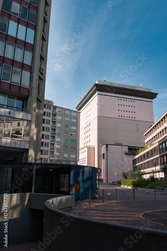 Opera Carlo Felice Genova from behind in the city of Genoa under a blue sky in the morning