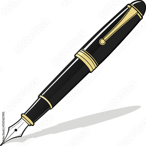 An illustration of a hand holding a classic fountain pen and writing a line. Vector art concept for signature, calligraphy, and education.