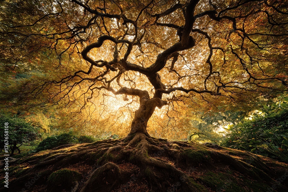 Fototapeta premium Majestic Maple Tree Canopy with Golden Light in Autumn