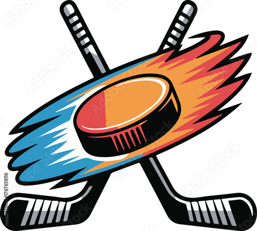 Ice Hockey Puck Fireball with Crossed Hockey Sticks for Speed Team Graphic Design