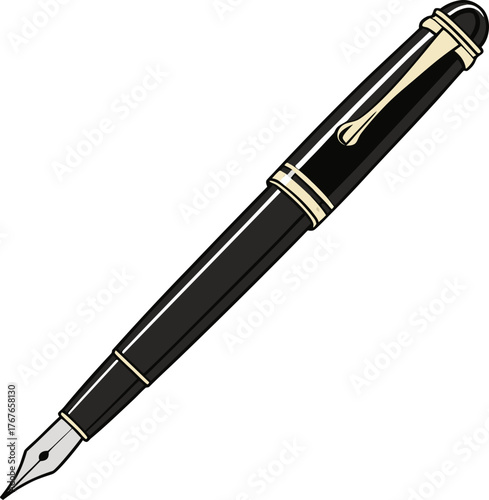 An illustration of a hand holding a classic fountain pen and writing a line. Vector art concept for signature, calligraphy, and education.