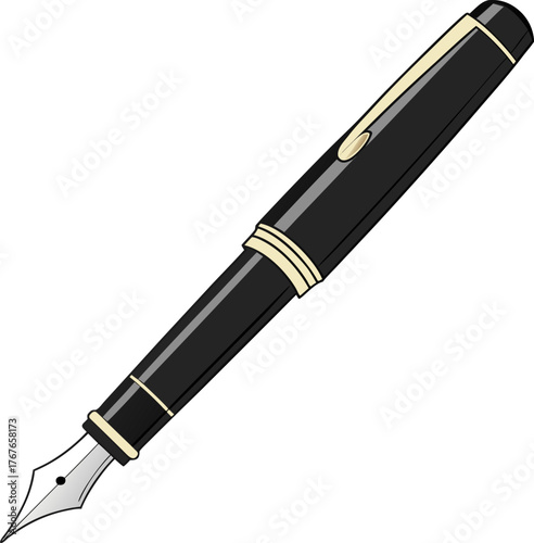 An illustration of a hand holding a classic fountain pen and writing a line. Vector art concept for signature, calligraphy, and education.