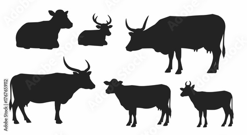 Silhouette illustration of seven farm animals including cows and a deer on a white background