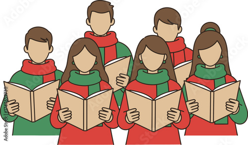 Diverse group of children and adults singing christmas carols together holding songbooks