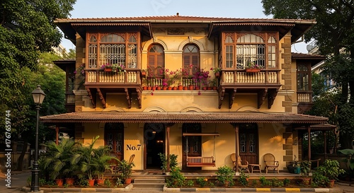 Vintage architecture building exterior with balconies and garden landscape design