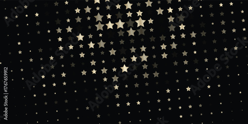 Gold, Silver VIP Falling Stars Confetti. Rich Gold, Silver Glitter, Sparkles, Gradient Stars Confetti. Sparkling Winter Foil. Luxury Expensive New Year Christmas Celebration Vector Background.