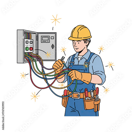 Electrician Working On Electrical Panel With Wires And Tools Isolated On Transparent Background