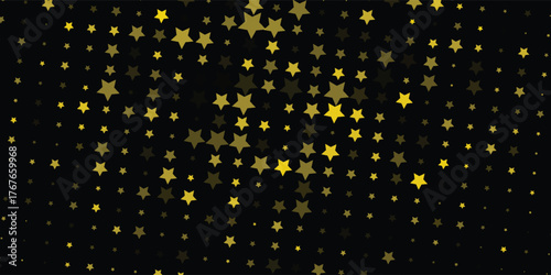 horizontal gold star spreading from center on black design for pattern and background.