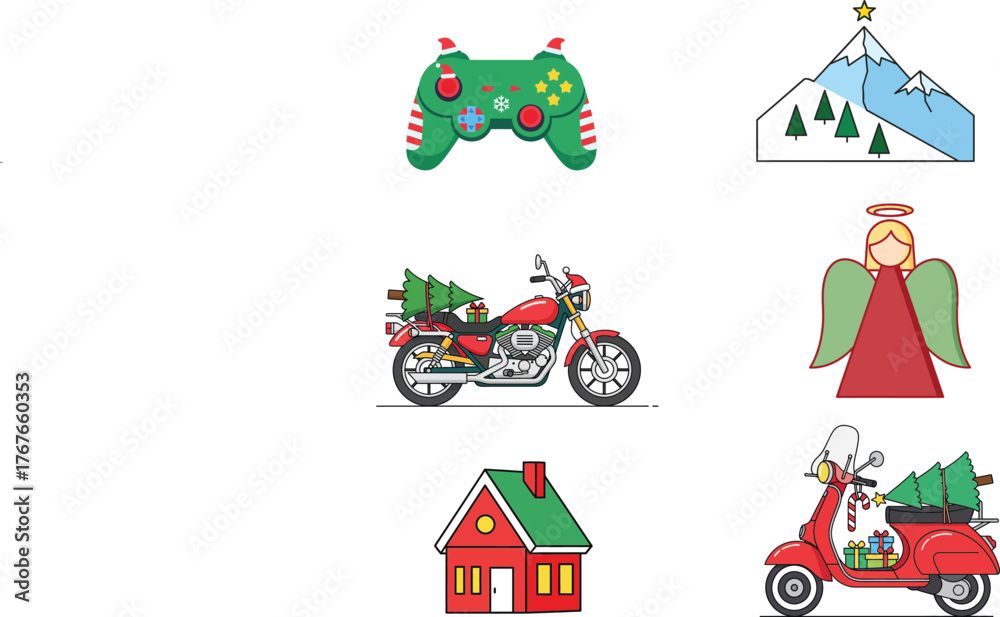Fototapeta premium Collection of christmas themed illustrations including a motorcycle scooter house angel mountain and game controller