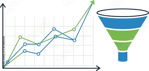 Sales funnel and line graph illustration showing conversion rates and business growth isolated on white background