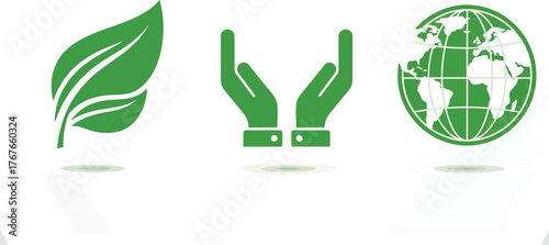 Green eco-friendly icons including a leaf hands and globe in a simple flat environmental concepts