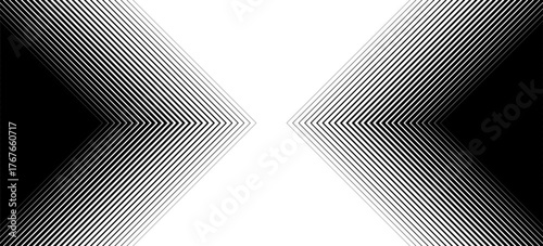 Black halftone arrow pattern. Repeated fading triangle gradation background. Arrows pointing to center direction backdrop. Vector thin to thick speed line concept texture for poster, banner, cover