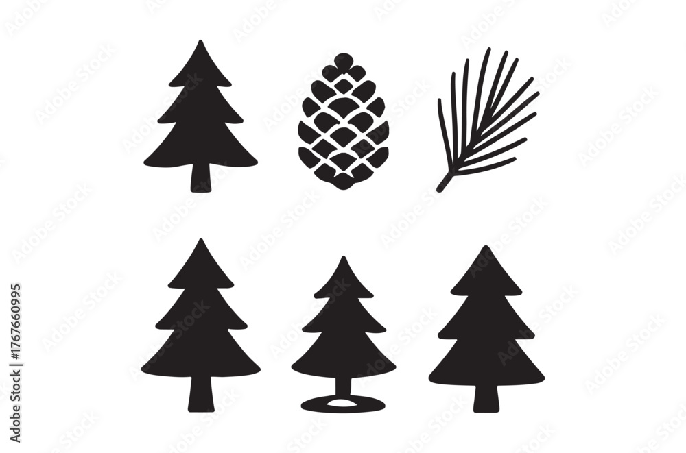 Obraz premium Simple black silhouettes of various evergreen trees and a pine cone