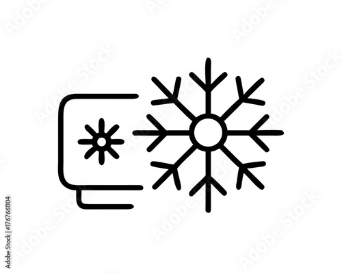 Minimalist outline icon depicting a refrigeration unit and snowflake, symbolizing cooling, freezing, or temperature control systems and technology