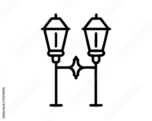 Elegant vintage double street lamp post icon. A classic black and white line drawing for urban and park themes