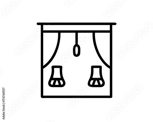 Elegant line art window icon featuring classic open curtains and a central decorative element, perfect for home interior design and architectural graphics