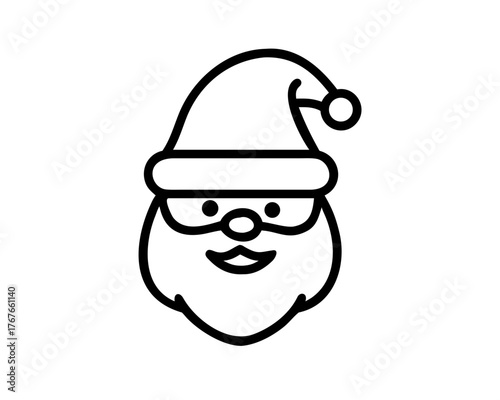 Simple line art icon of a cheerful festive figure with a white beard and classic holiday hat, symbolizing winter celebration and joy