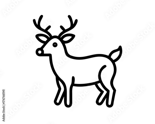 Elegant vector line art of a standing deer with prominent antlers, a versatile graphic icon symbolizing wildlife, nature