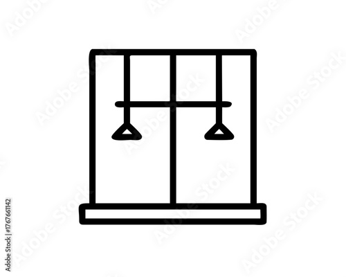 Minimalist outline icon of a residential window featuring hanging elements, ideal for architectural designs, home interior layouts, or simple graphic representations and user interface elements