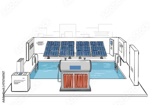 modern solar pool heating system showcases sustainable energy The design integrates solar panels with a pool and control equipment presenting a clean efficient and visually