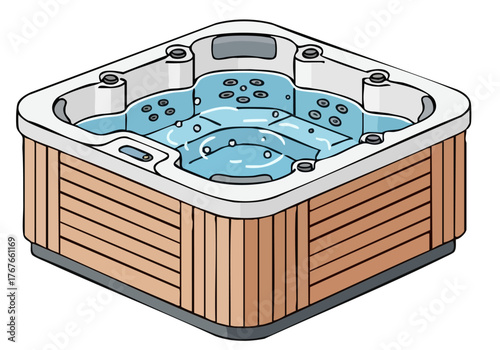 A modern, square hot tub with bubbling jets. Warm tones and a clean design create a relaxing visual. Ideal for lifestyle and wellness imagery.