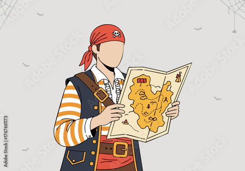 A pirate examines a treasure map, evoking adventure and mystery. Bold colors and a detailed illustration create a captivating visual.