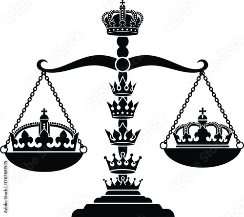 Scales of Justice with Crowns Depicting Royal Power and Legal Authority in Equilibrium