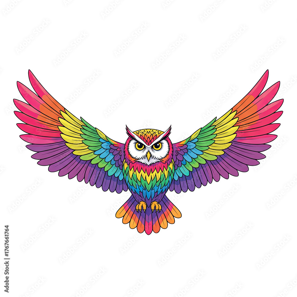 Fototapeta premium Vibrant Rainbow Owl Spreading Wings Against Isolated On Transparent Background