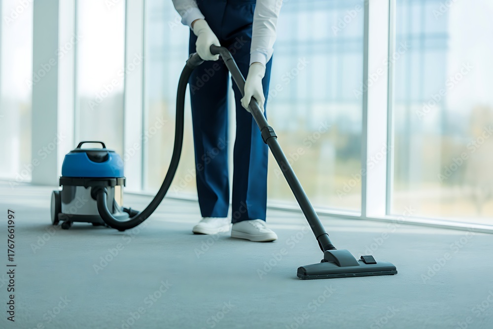 Fototapeta premium Janitor vacuuming a carpeted floor in a bright office space