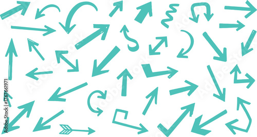 Collection of hand drawn teal arrows pointing in many different directions and styles