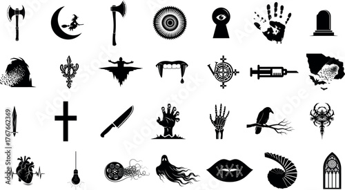 Collection of dark gothic and spooky silhouette icons for halloween and horror themes