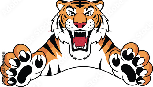 Aggressive Tiger Mascot Cartoon Vector Illustration Wild Cat Roaring Face Outstretched Paws Predator Power Strength Graphic.