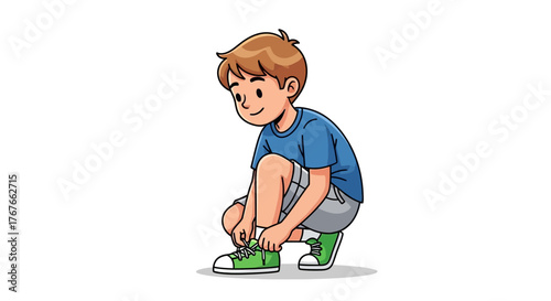 Illustration of a young boy tying his shoelaces preparing for a day full of activities