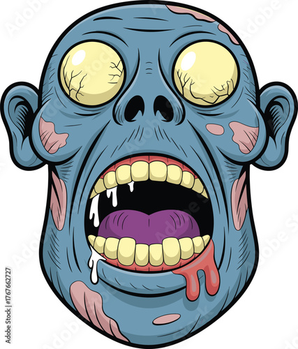 Grotesque Zombie Head Cartoon Vector Illustration Wide Open Eyes Mouth Bloody Drool Halloween Horror Monster Mascot Graphic.