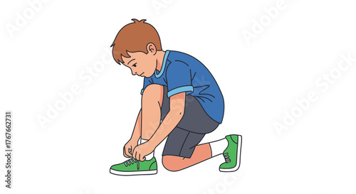 Boy tying shoelaces in vibrant illustration, depicting youthful independence and activity