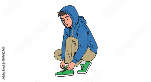 Illustration of a young man in a hoodie tying his green sneakers before a jog or training