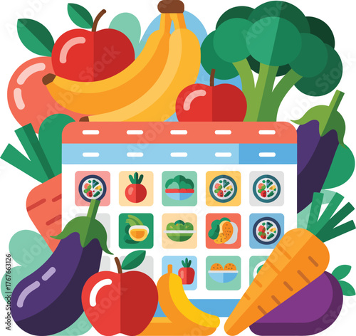 Healthy eating calendar vector illustration fresh fruits vegetables daily meal planner vector