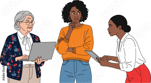 Three diverse generations of women collaborating on technology, mentoring and learning digital skills with a laptop and tablet, sharing ideas and business solutions, intergenerational teamwork.