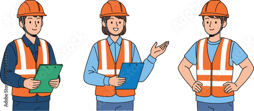 Construction workers and engineers, diverse team, wearing safety helmets and vests, reviewing plans, collaborating on site management, pointing, discussing blueprints for project development.