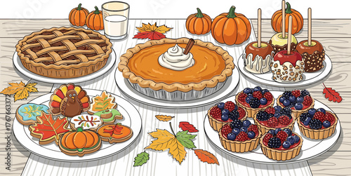 Thanksgiving dessert table with autumn treats on textured background