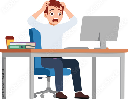 Frustrated office worker stressed out and overwhelmed by a computer problem or heavy workload, grabbing his head in a state of panic or despair.