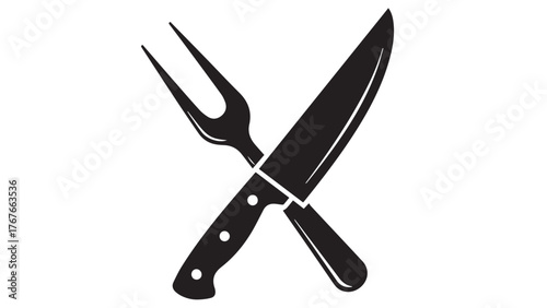 Carving Knife and Fork Crossed, Strong Black Feast Prep Emblem for Thanksgiving Tables, Catering Graphics, and Traditional Holiday Service