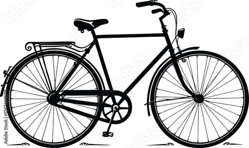 Bicycle Silhouette Vector Featuring Classic Frame, Spoked Wheels, Rear Rack, and Handlebars in Line Art Style
