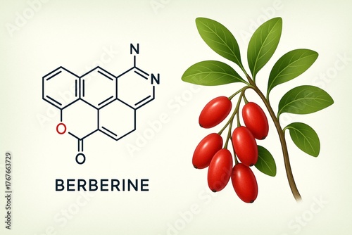 Berberine Molecular Structure with Barberry Fruits and Leaves – Scientific Botanical Illustration