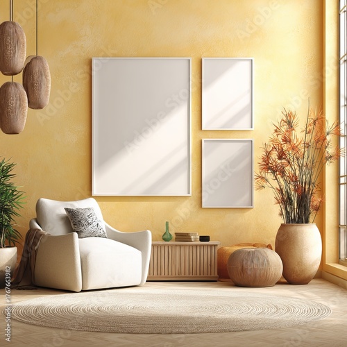 Empty gallery wall with three white frames and armchair