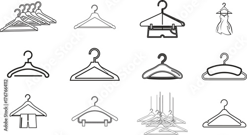 Collection of hand drawn sketch style clothing hangers and a pair of legs standing on a floor