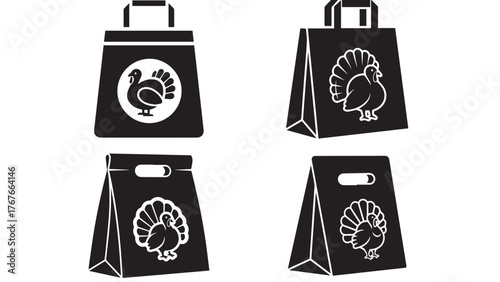 Delivery Bag with Turkey Glyph, Minimal Black Takeout Option Icon for Holiday Menus, Catering Orders, and Thanksgiving Convenience